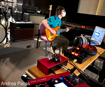 SFA sound recording technology freshman and guitarist Tanner Tankersly prepares for a tracking session